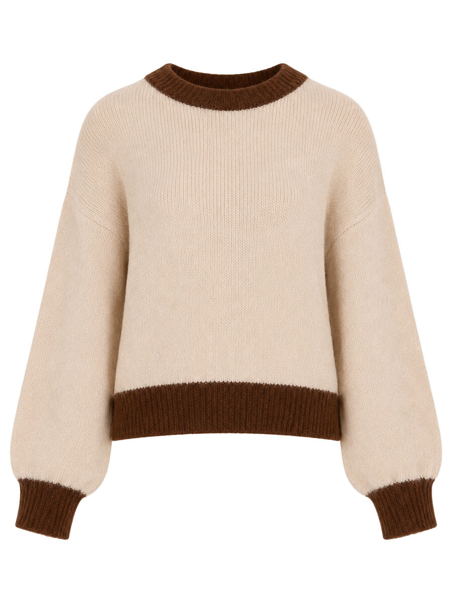 Azzurro gebreide trui met contrastboord beige bruin